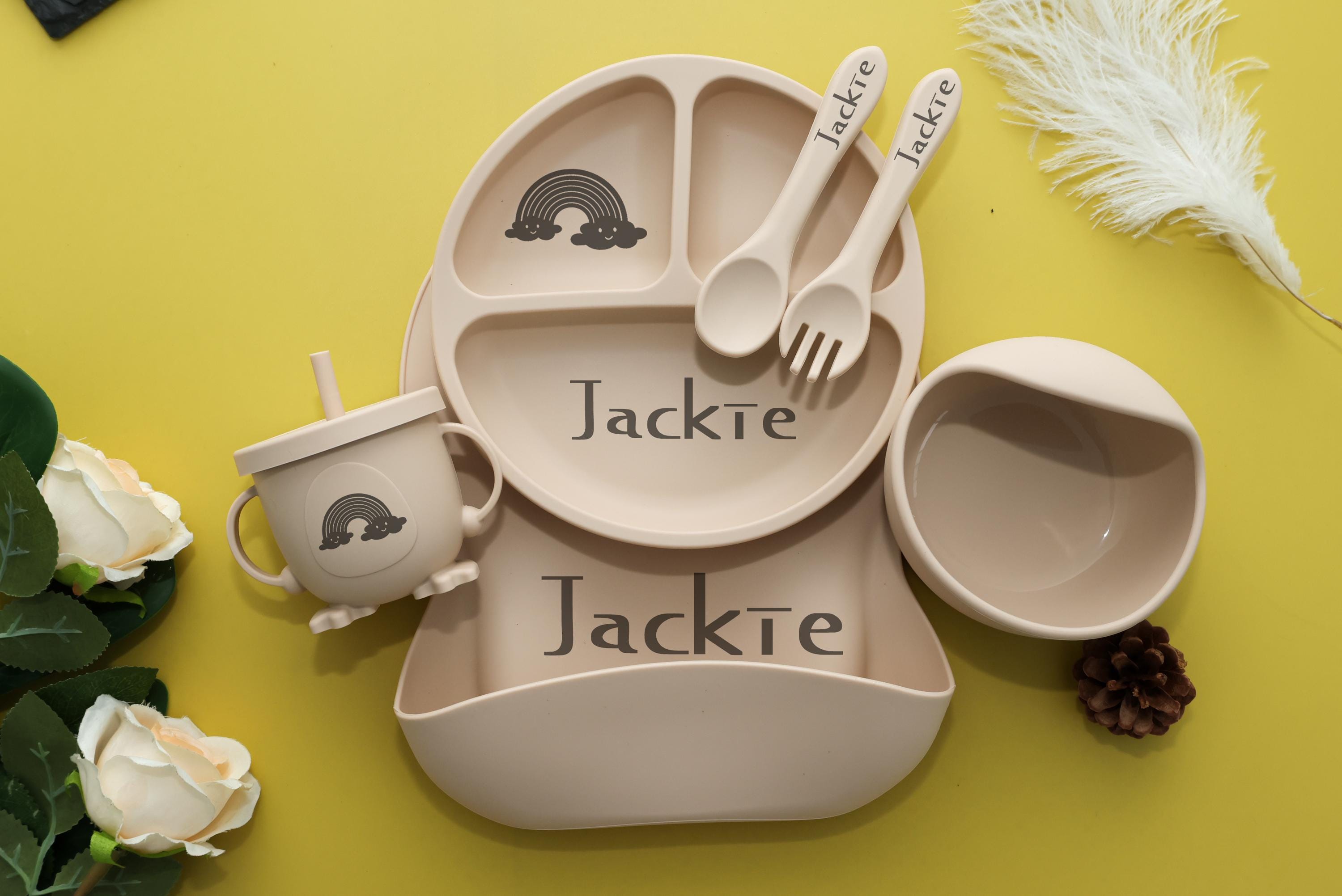 Personalized Silicone Baby Weaning Set | Engraved Silicone Bib | Custom Weaning Set for Toddler | Baby Feeding Set | Baby Shower Gift