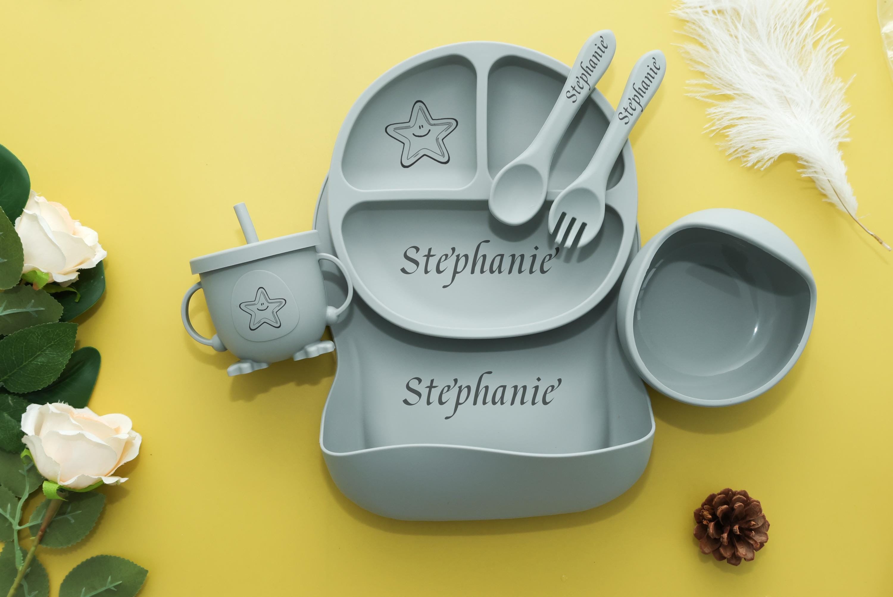 Personalized Silicone Baby Weaning Set | Engraved Silicone Bib | Custom Weaning Set for Toddler | Baby Feeding Set | Baby Shower Gift