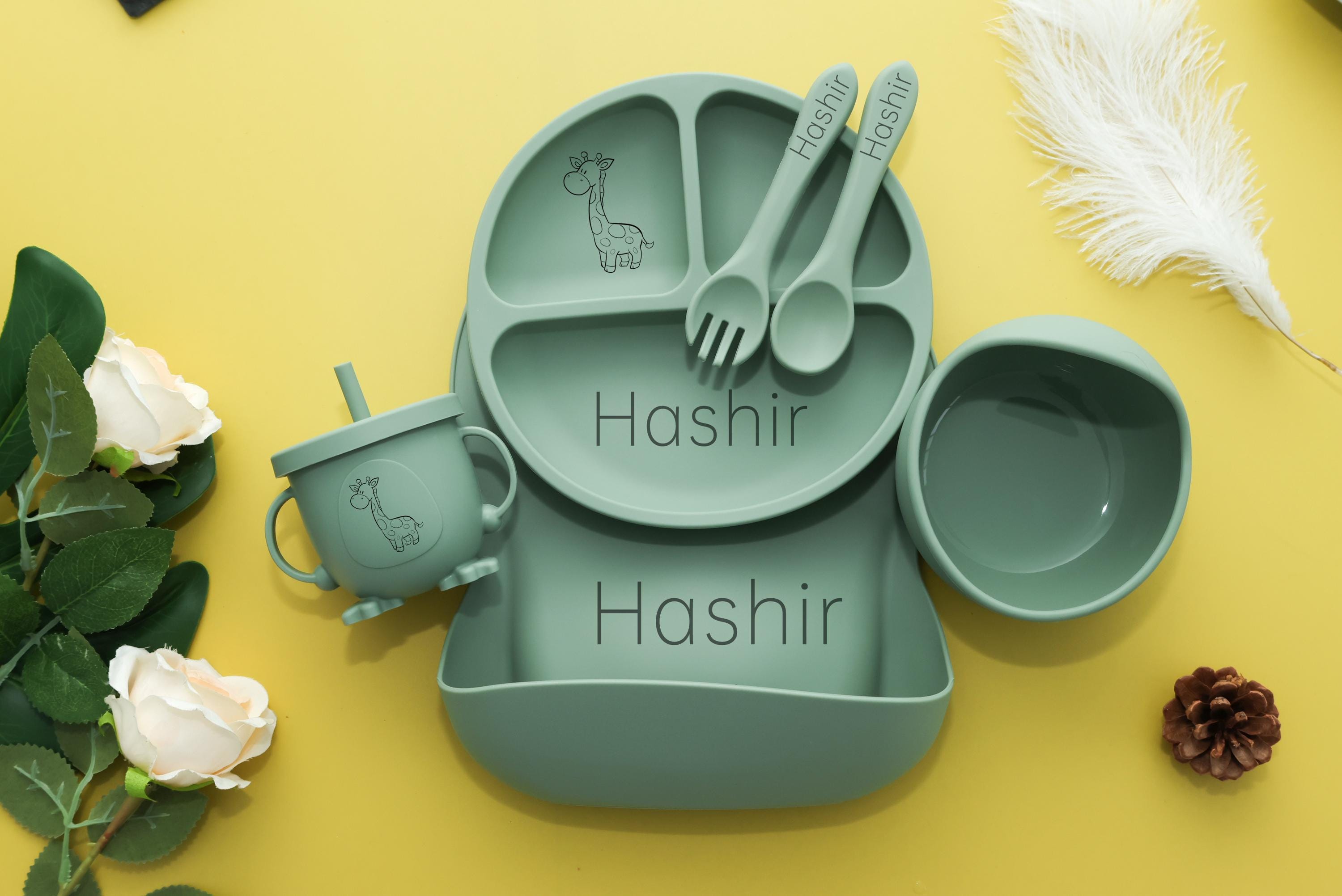 Personalized Silicone Baby Weaning Set | Engraved Silicone Bib | Custom Weaning Set for Toddler | Baby Feeding Set | Baby Shower Gift