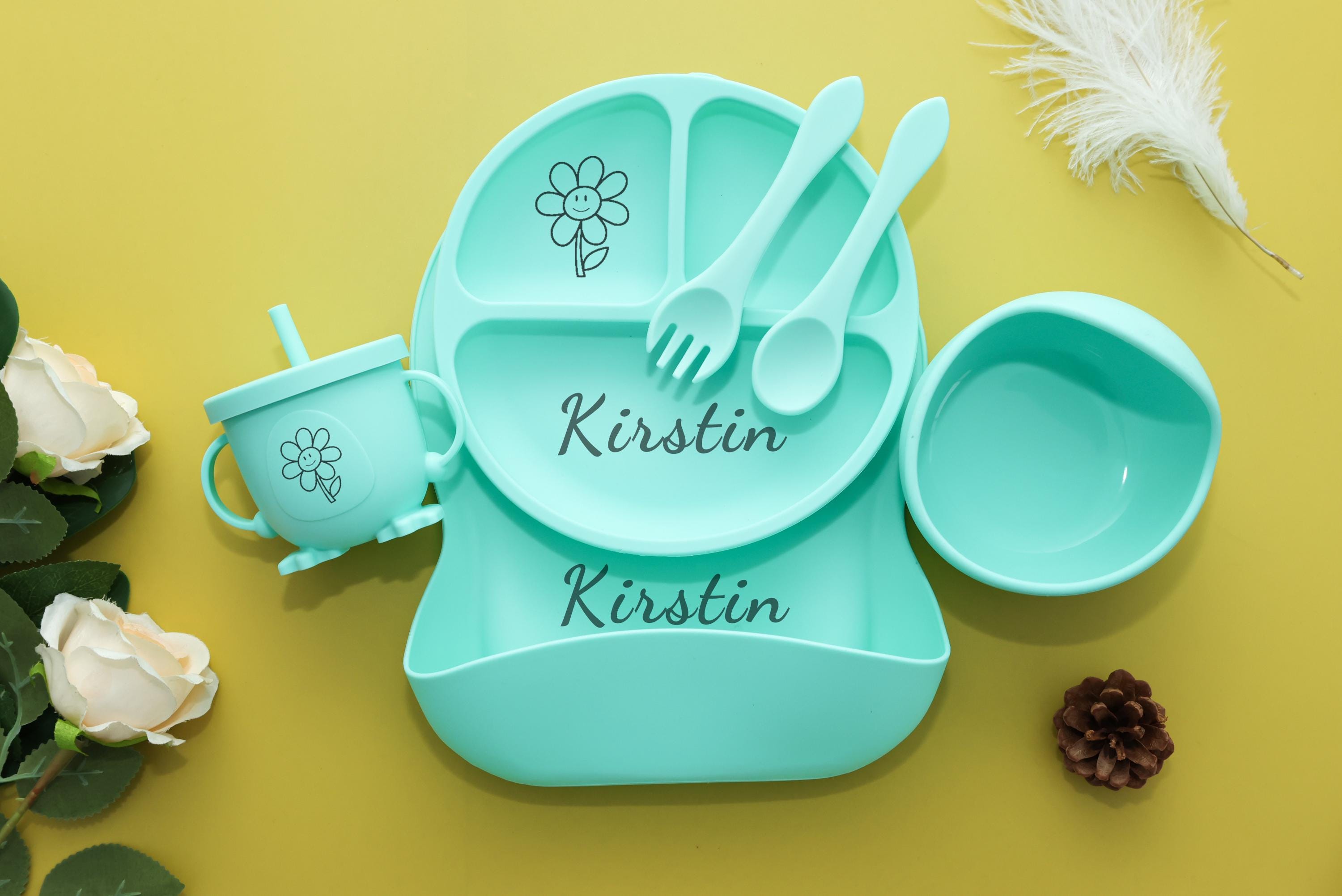 Personalized Silicone Baby Weaning Set | Engraved Silicone Bib | Custom Weaning Set for Toddler | Baby Feeding Set | Baby Shower Gift