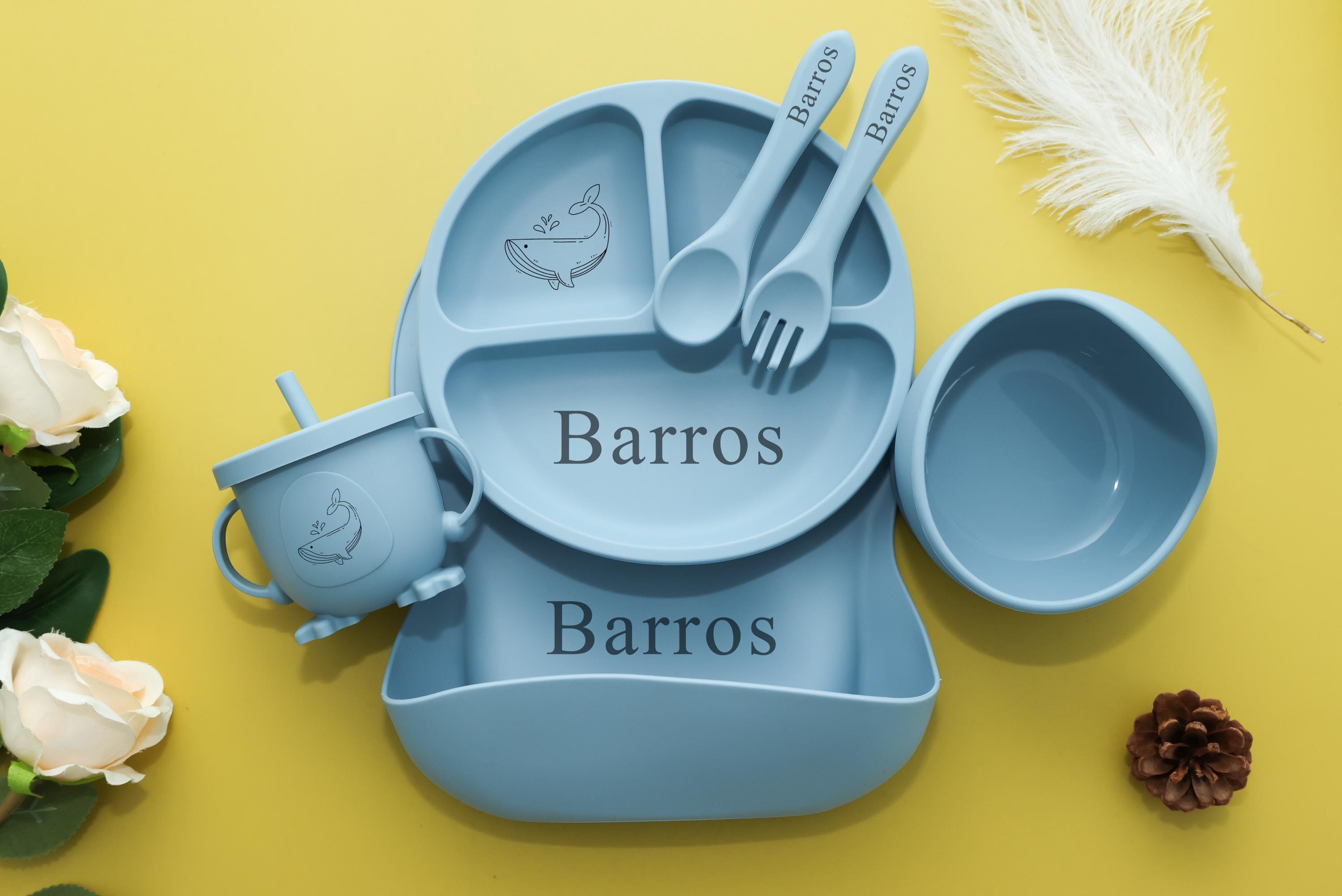 Personalized Silicone Baby Weaning Set | Engraved Silicone Bib | Custom Weaning Set for Toddler | Baby Feeding Set | Baby Shower Gift