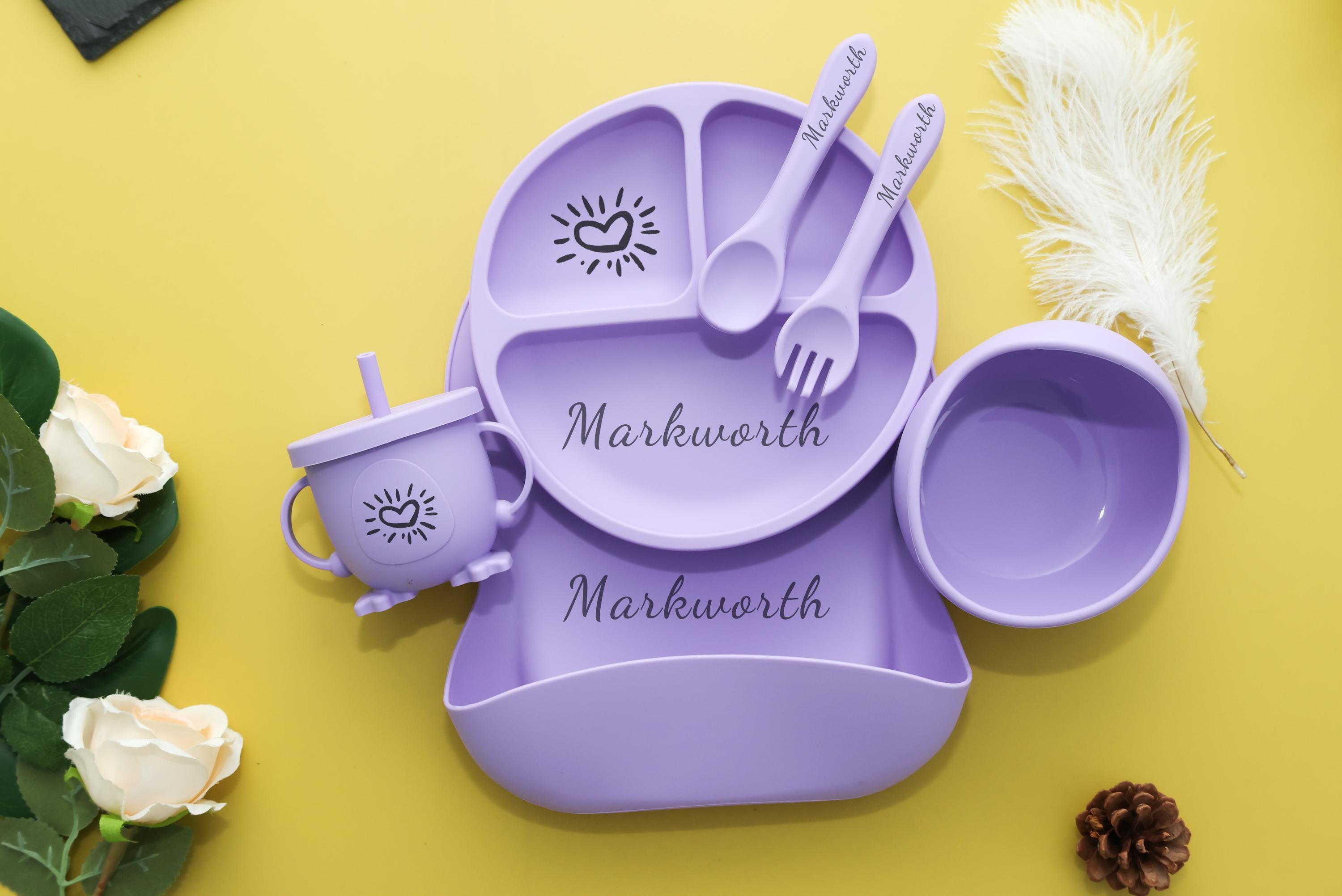 Personalized Silicone Baby Weaning Set | Engraved Silicone Bib | Custom Weaning Set for Toddler | Baby Feeding Set | Baby Shower Gift