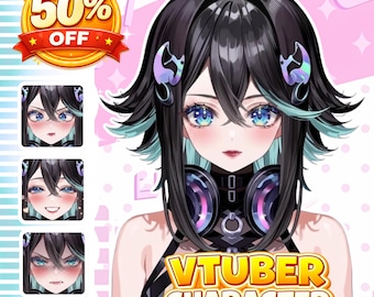 May include: Digital illustration of a VTuber character with black hair, teal highlights, and blue eyes. The character wears headphones and a black outfit. The image includes a "50% OFF" banner and the text "VTUBER CHARACTER".