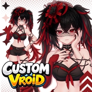 Puede incluir: Una ilustración de personaje estilo anime con una figura de cabello negro y rojo, vistiendo un top corto y pantalones cortos negros y rojos, y un tocado a juego con velo. El texto CUSTOM VROID aparece en la esquina inferior izquierda.