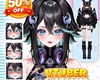 May include: A digital illustration of a VTuber character with black hair featuring teal highlights, blue eyes, and headphones. The character wears a black outfit with a cropped top, shorts, fishnet stockings, and boots. Includes three facial expressions.