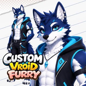 Peut inclure: Une illustration numérique d'un personnage loup anthropomorphe à fourrure bleue et blanche, portant un sweat à capuche noir avec des accents bleus, un collier pendentif cristal et un pantalon noir avec une chaîne. Le texte CUSTOM VROID FURRY est affiché.