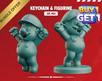 May include: Two teal-colored Mario figurines, one mid-jump and the other standing on a base. The image includes text that reads "KEYCHAIN & FIGURINE .STL FILE" and "BUY 1 GET 1". A gold banner reads "BUNDLE OFFER". The background is red.