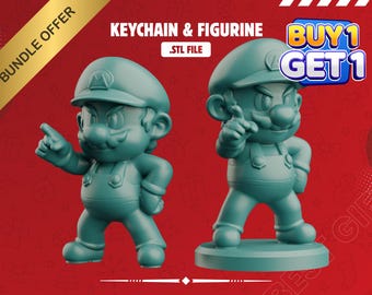 May include: Two teal-colored Mario figurines in dynamic poses. One points with a finger, the other with an open hand. The background is red with text that reads "KEYCHAIN & FIGURINE .STL FILE" and "BUY 1 GET 1".