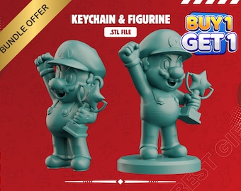 May include: Two teal-colored figurines of a cartoon character, each holding a trophy. The figurines are on a red background with text that reads "KEYCHAIN & FIGURINE .STL FILE" and "BUY 1 GET 1". A gold banner says "BUNDLE OFFER".