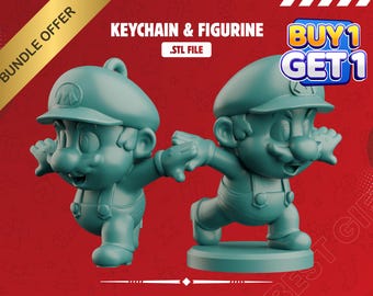 May include: Two teal-colored figurines of a cartoon character, one in a running pose and the other with arms outstretched. The image includes text that reads "KEYCHAIN & FIGURINE .STL FILE" and "BUY 1 GET 1". A "BUNDLE OFFER" banner is also present.