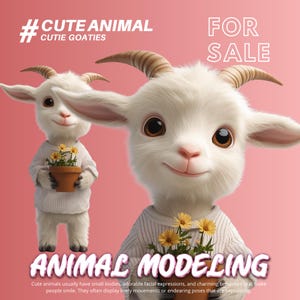 May include: An illustration of two white goats with large brown eyes and small horns. The goats are wearing sweaters and holding small pots of yellow flowers. Text includes "#CUTE ANIMAL", "CUTIE GOATIES", "FOR SALE", and "ANIMAL MODELING".