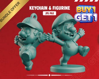 May include: Two teal-colored figurines of a cartoon character, one with a keychain loop. The character is wearing a hat and overalls, with arms outstretched. Text reads "KEYCHAIN & FIGURINE .STL FILE" and "BUY 1 GET 1". A gold banner says "BUNDLE OFFER".