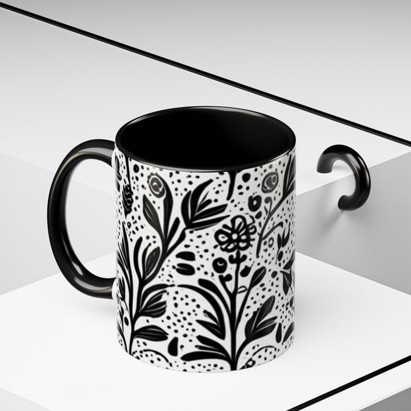 Minimalist Black and White Floral Pattern Mug (11oz)