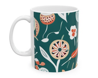 Flor del bosque: taza de cerámica floral verde oscuro
