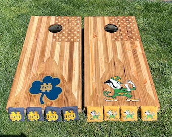 The Best Notre Dame Custom Cornhole Boards in America! Bags, Epoxy coating, Lights, Scoreboards, Drink Holders, Handles all included!