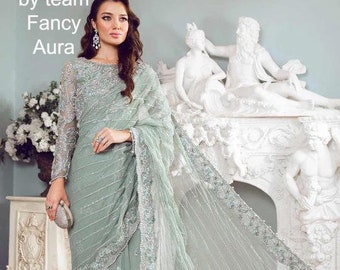 Custom Made Pakistani Indian Designer Saree, Maria B Saree, Formal Wear, Embroidered Saree, Ready to Wear, Wedding Collection.