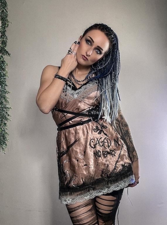 Upcycled Satin Slip Grungy Dress – Hand-Painted Lace Slip, One-of-a-Kind Stagewear | AKA V’z Designz Goth Punk Alternative Fashion