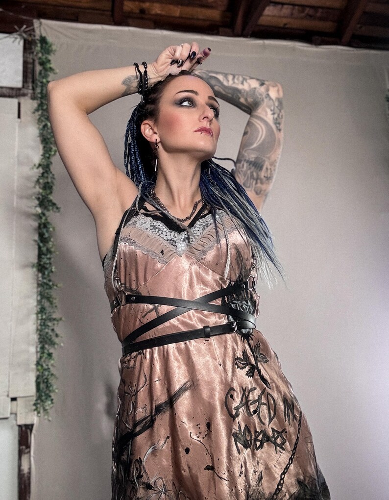 May include: A dusty rose slip dress with black abstract paint strokes and the text "CAED IN NOISE". The dress features a black leather harness and lace detailing. The model has blue hair and tattoos.