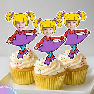 Blonde Pigtail Girl Cupcake Toppers – Set of 12 – Purple & Yellow Birthday Decorations – Fun Cartoon Theme for Kids Party