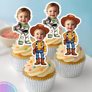 May include: Four cupcakes in silver foil liners topped with white frosting and custom paper toppers featuring a baby's face on cartoon bodies of a space ranger and a cowboy. A circular badge on the image reads DIGITAL FILE ONLY.
