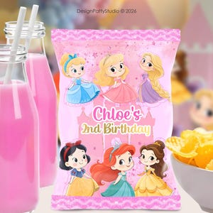 Pink Fairytale Princess Chip Bag Template 8x5 in – Fits 8.5x11 in Sheet – Royal Castle Party Favor – Digital Download 001LP