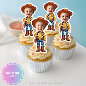 May include: Four cupcakes in silver foil liners topped with white frosting and colourful sprinkles. Each cupcake features a paper topper showing a cartoon cowboy body with a child's face, wearing a brown hat, yellow shirt, and blue jeans.