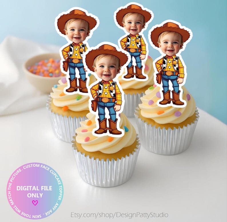 May include: Four cupcakes in silver foil liners topped with white frosting and colourful sprinkles. Each cupcake features a paper topper showing a cartoon cowboy body with a child's face, wearing a brown hat, yellow shirt, and blue jeans.