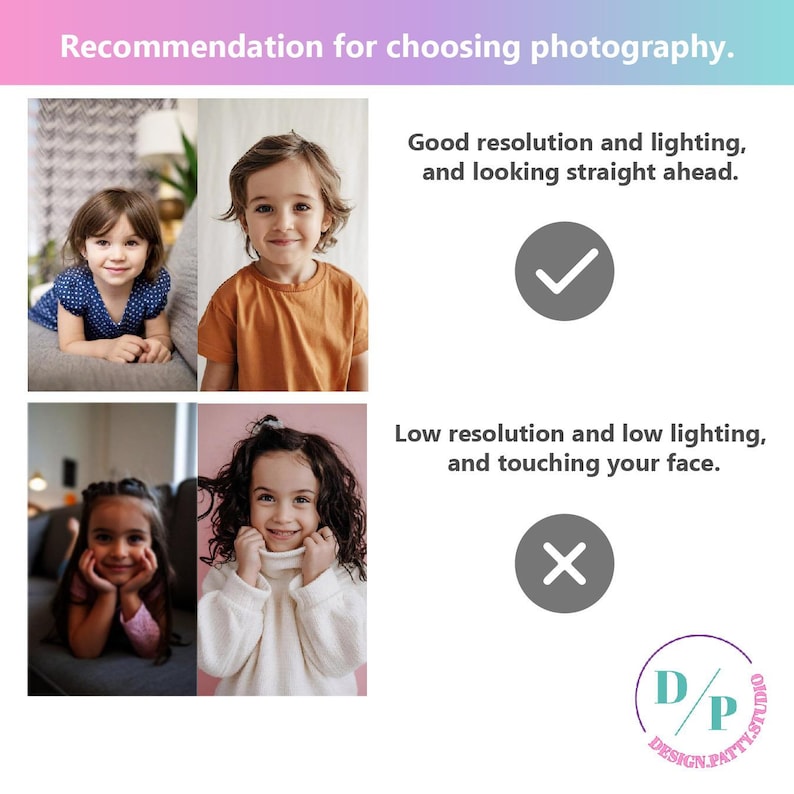 May include: An informational graphic titled Recommendation for choosing photography. It displays four photos of children as examples, with text labels indicating good resolution and lighting versus low resolution and low lighting, plus a logo.