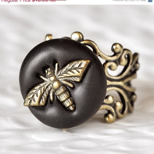 40% Off SALE Bee Adjustable Filigree Ring in Black Polymer Clay