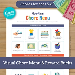 May include: A printable chore chart titled Quentin's Chore Menu with colorful icons for daily tasks like brushing teeth, making beds, and setting tables. The chart includes sections for earning $1 per daily chore and $2-4 for weekly tasks.