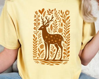 Floral Deer T-Shirt for Cottagecore Forest Lovers | Peaceful Woodland Graphic Tee