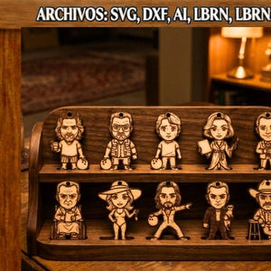 May include: A wooden display shelf holds ten laser-cut wooden character figures. The figures are of various people, each with a unique design. The shelf is made of dark wood and has two levels. The text "ARCHIVOS: SVG, DXF, AI, LBRN, LBRN2, PDF" is at the top.