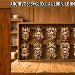 May include: A wooden display case holds ten laser-cut character pendants. The pendants are detailed with various armor and helmet designs. The case is displayed on a wooden surface. The text "ARCHIVOS: SVG, DXF, AI, LBRN, LBRN2, PDF" is at the top.