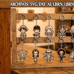 Puede incluir: Un expositor de madera con varios llaveros con diseños de personajes de dibujos animados. Los llaveros están sujetos a anillos y cadenas plateadas. La parte superior de la imagen tiene el texto "ARCHIVOS: SVG, DXF, AI, LBRN, LBRN2, PDF". El logotipo "URBAN TITANS" está en la parte inferior izquierda.