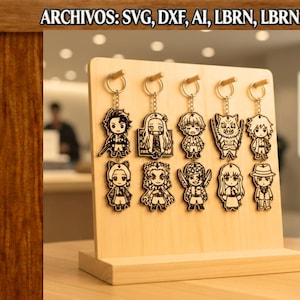 May include: A wooden display stand holds eleven keychains with anime character designs. Each keychain is laser-cut from wood and features a detailed illustration. The stand has the text "ARCHIVOS: SVG, DXF, AI, LBRN, LBRN2, PDF" at the top and the "URBAN TITANS" logo at the bottom.