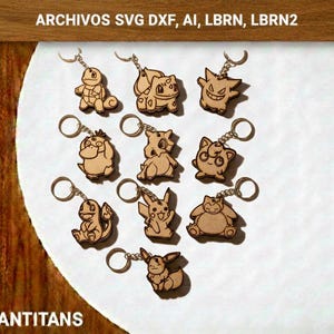 May include: A collection of wooden keychains featuring various cartoon character designs. Each keychain has a silver-colored ring attached. The text "ARCHIVOS SVG DXF, AI, LBRN, LBRN2" is at the top, and "URBANTITANS" is at the bottom.