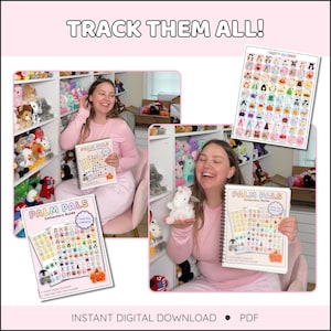 Puede incluir: Una mujer en pijama rosa sostiene un libro "Palm Pals Collectors Guide", con una colecci&oacute;n de peluches en el fondo. La portada del libro presenta una cuadr&iacute;cula de peluches de colores. El texto en la imagen dice "Track Them All!" y "Instant Digital Download &bull; PDF."