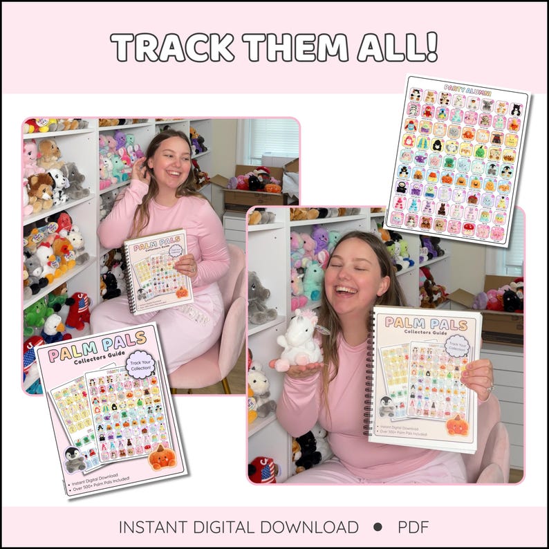 Puede incluir: Una mujer en pijama rosa sostiene un libro "Palm Pals Collectors Guide", con una colecci&oacute;n de peluches en el fondo. La portada del libro presenta una cuadr&iacute;cula de peluches de colores. El texto en la imagen dice "Track Them All!" y "Instant Digital Download &bull; PDF."