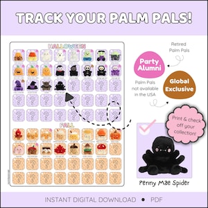 Puede incluir: Una lista de verificaci&oacute;n digital para peluches Palm Pals, con personajes tem&aacute;ticos de Halloween y oto&ntilde;o. La imagen incluye un peluche Penny Mae Spider y el texto "Track Your Palm Pals!" y "Instant Digital Download".