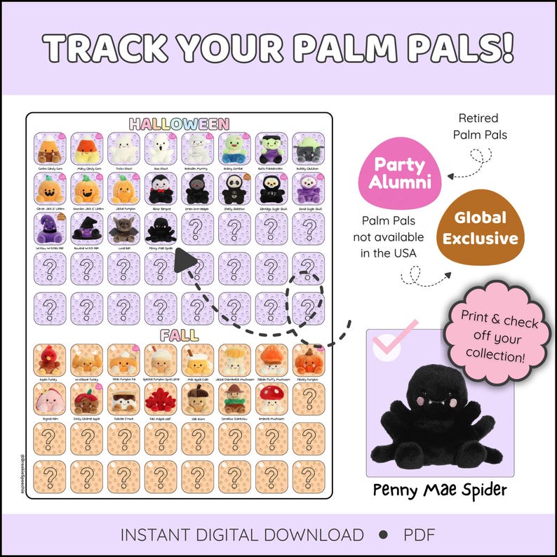 Puede incluir: Una lista de verificaci&oacute;n digital para peluches Palm Pals, con personajes tem&aacute;ticos de Halloween y oto&ntilde;o. La imagen incluye un peluche Penny Mae Spider y el texto "Track Your Palm Pals!" y "Instant Digital Download".