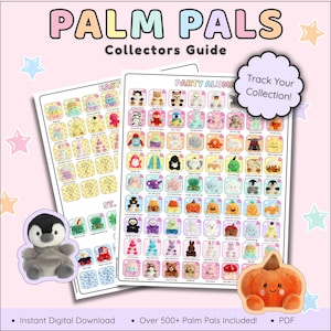Puede incluir: Una gu&iacute;a digital de coleccionistas de Palm Pals con un fondo rosa. La gu&iacute;a presenta una cuadr&iacute;cula de varios juguetes de peluche, incluyendo un ping&uuml;ino y una calabaza. El texto incluye "Palm Pals", "Collectors Guide" y "Track Your Collection!"