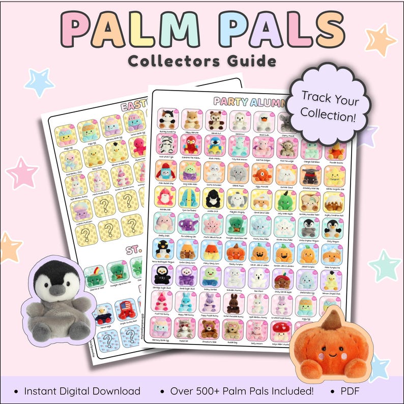 Puede incluir: Una gu&iacute;a digital de coleccionistas de Palm Pals con un fondo rosa. La gu&iacute;a presenta una cuadr&iacute;cula de varios juguetes de peluche, incluyendo un ping&uuml;ino y una calabaza. El texto incluye "Palm Pals", "Collectors Guide" y "Track Your Collection!"