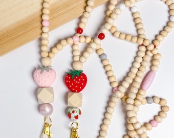 Strawberry Breakaway Teacher Beaded Lanyard Personalized Name Back To School Teacher Appreciation Gift ID Badge Custom Name Wooden Beads