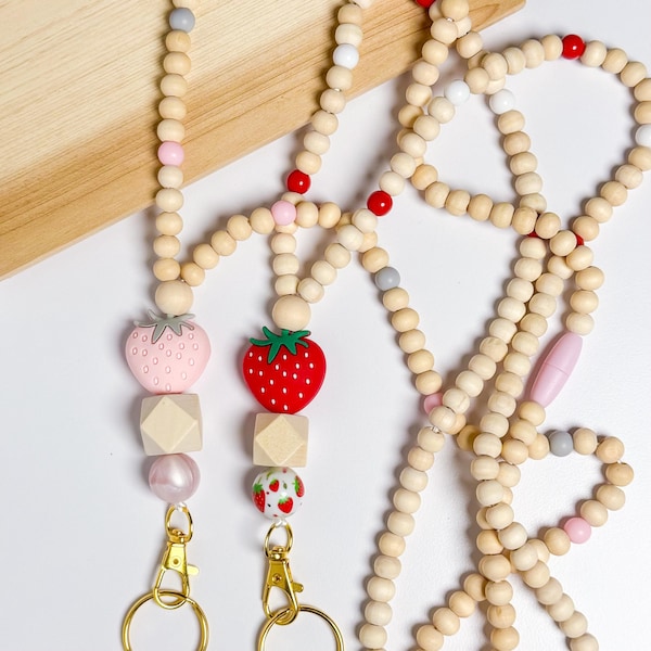 Cordón de cuentas para maestros con diseño de fresa Breakaway, nombre personalizado, regalo de agradecimiento para maestros para el regreso a clases, insignia de identificación, nombre personalizado, cuentas de madera