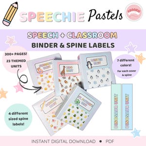 May include: A collection of binder and spine labels with the text "SPEECH + CLASSROOM BINDER & SPINE LABELS". The labels feature various themed units, including "Summer", "Zoo", "Winter", "School", and "St. Patrick's". The image also highlights "7 different colors" and "4 different sized spine labels".