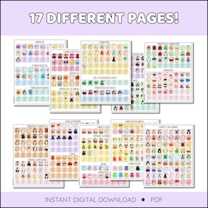 Puede incluir: Una colecci&oacute;n de 17 p&aacute;ginas digitales diferentes, cada una con ilustraciones coloridas de varios temas. Las p&aacute;ginas incluyen temas como el espacio, la Pascua y Halloween. El texto "INSTANT DIGITAL DOWNLOAD &bull; PDF" est&aacute; en la parte inferior.