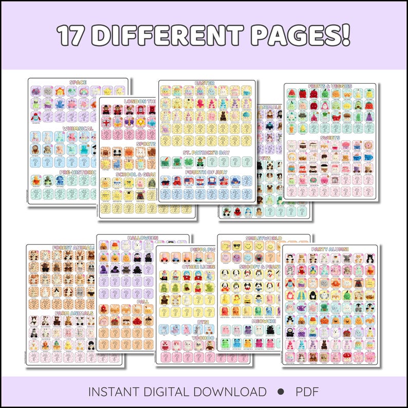 Puede incluir: Una colecci&oacute;n de 17 p&aacute;ginas digitales diferentes, cada una con ilustraciones coloridas de varios temas. Las p&aacute;ginas incluyen temas como el espacio, la Pascua y Halloween. El texto "INSTANT DIGITAL DOWNLOAD &bull; PDF" est&aacute; en la parte inferior.