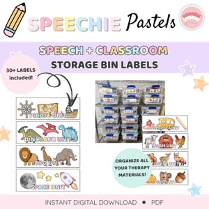 May include: Digital storage bin labels for speech and classroom materials. The labels include themes such as Pirate, Dinosaur, Zoo, Space, School, Farm, Forest, and Fall units. The image also includes the text "Speechie Pastels" and "Organize all your therapy materials!"