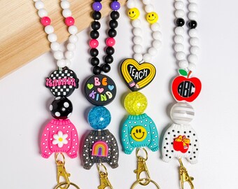 Personalized Teacher Lanyard: Beaded ID Badge Necklace, Back to School Gift