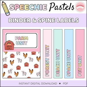 May include: A digital download set of Speechie Pastels binder and spine labels. The design features a pencil icon, the text "SPEECHIE Pastels BINDER & SPINE LABELS," and a "FARM UNIT" label with a barn and animal pattern. Includes spine labels for Forest, Beach, Space, and Pet units.
